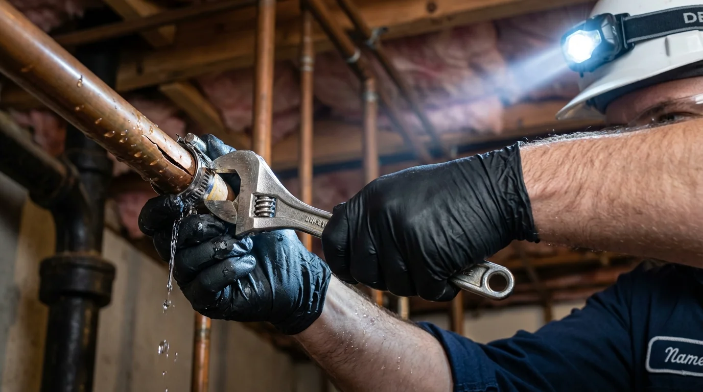 Emergency pipe clamp repair being performed by a Johns Plumbing LLC plumber in Wilmer