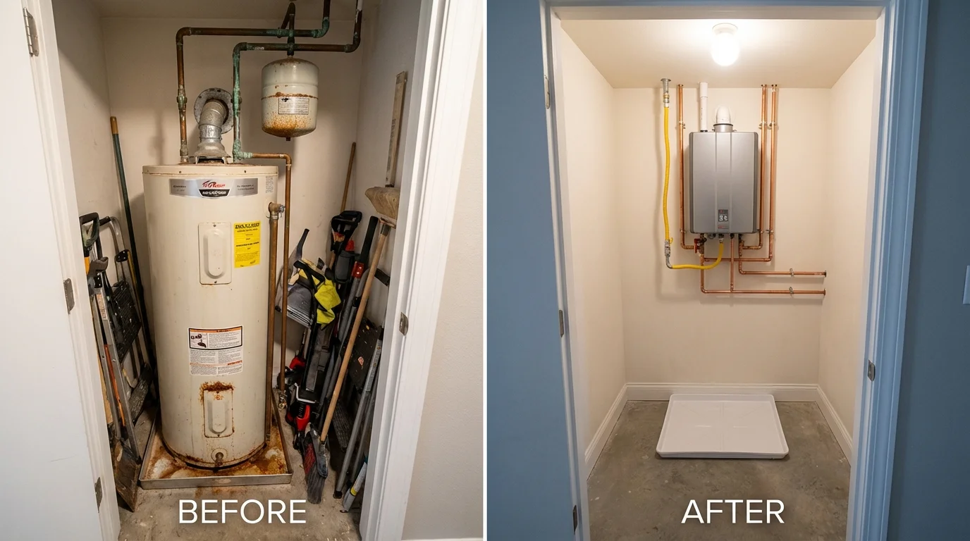Tank water heater versus wall-mounted tankless unit comparison for Wilmer, TX homeowners