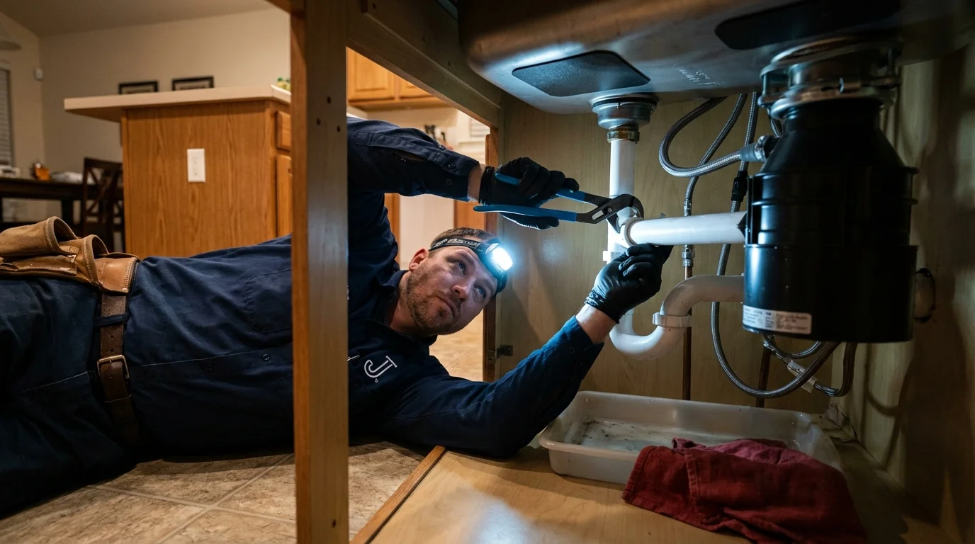 P-trap and supply line connections under a kitchen sink showing a common leak point in Wilmer, TX